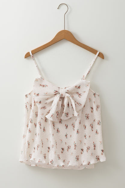 White Floral Pleated Big Bow Back Spaghetti Straps Tank Top