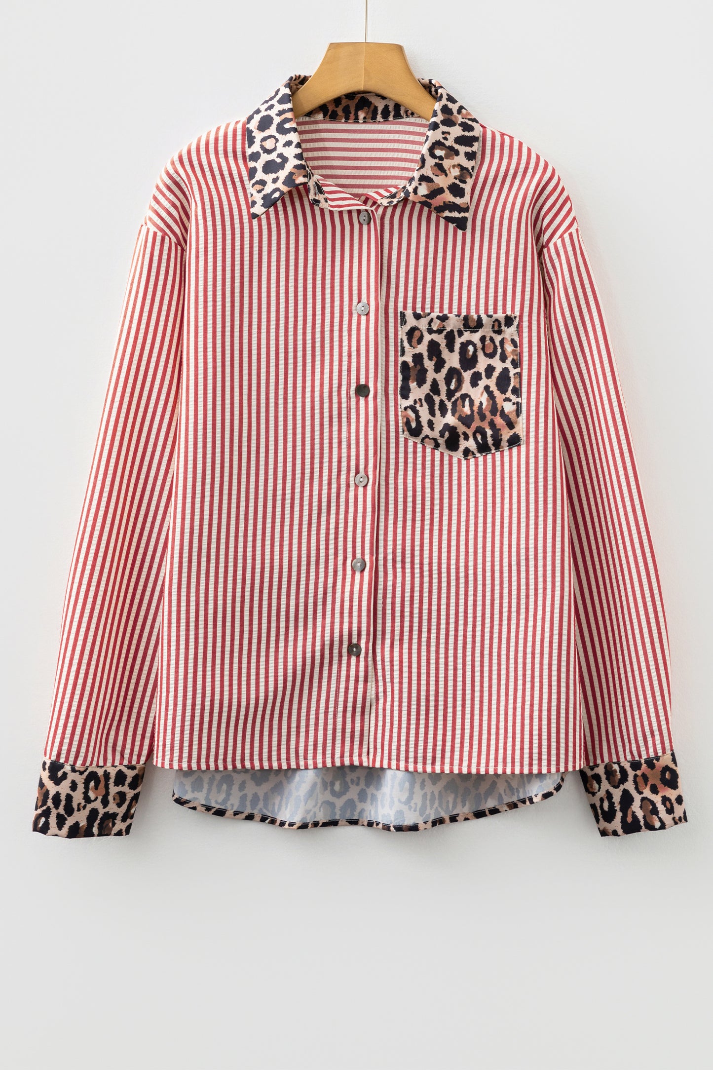 Black Striped Leopard Print Patchwork Button Up Womens Shirt