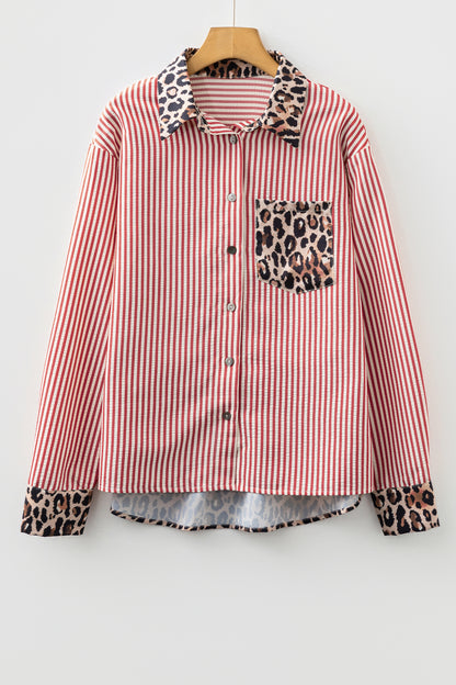 Black Striped Leopard Print Patchwork Button Up Womens Shirt