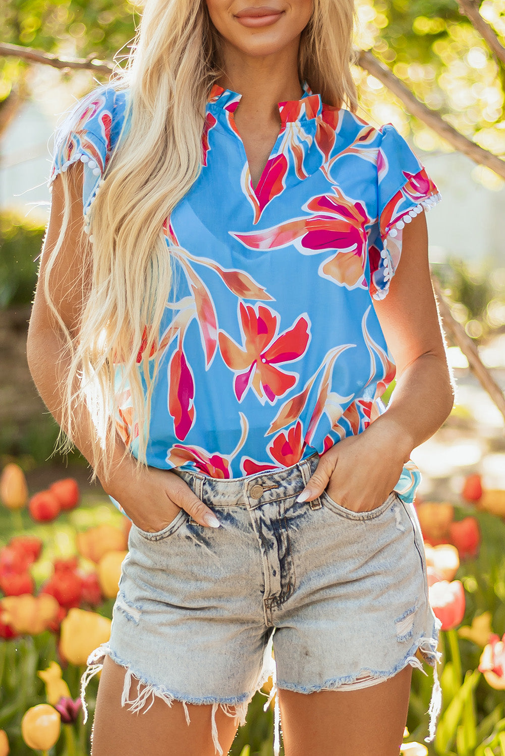 Sky Blue Floral Print V Neck Pompom Trim Flutter Sleeve Blouse
