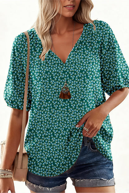 Green Boho Chic Notched V Neck Plus Floral Short Sleeve Top
