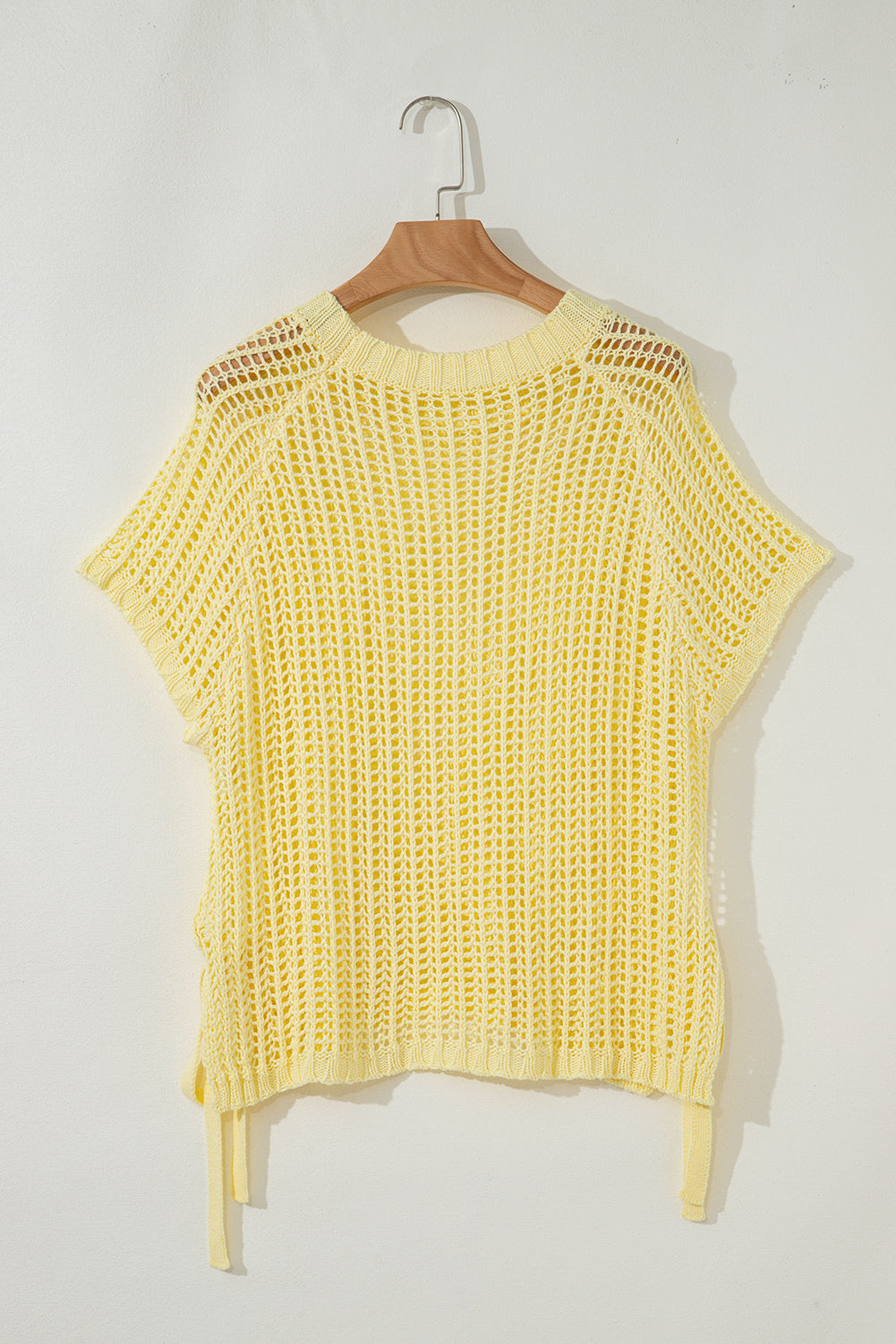 Yellow Cream Hollow-out Crochet Side Tied Short Sleeve Sweater