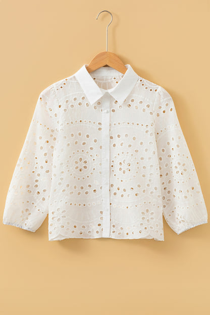 White Eyelet Embroidered Puff Sleeve Crop Shirt