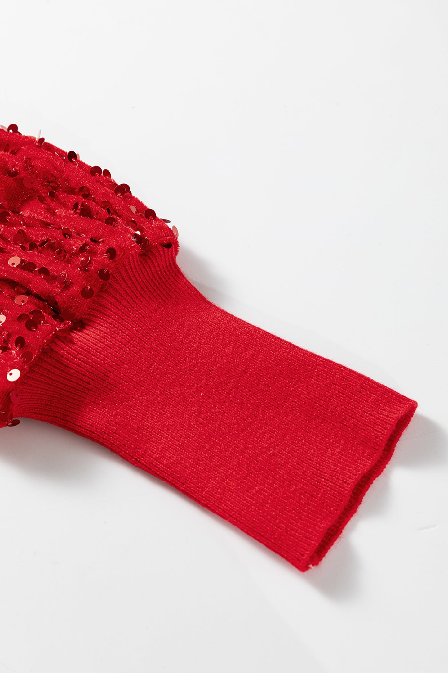 Fiery Red Sequin Sleeve Patchwork Ribbing Knit Square Neck Holiday Sweater