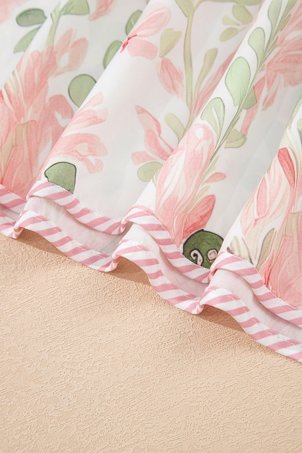 Pink Floral Print Striped Contrast Tiered Ruffled Sleeve V Neck Blouse