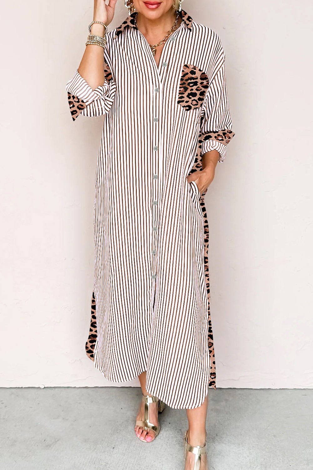 Sky Blue Stripe Contrast Leopard Patchwork Long Shirt Dress with Slits