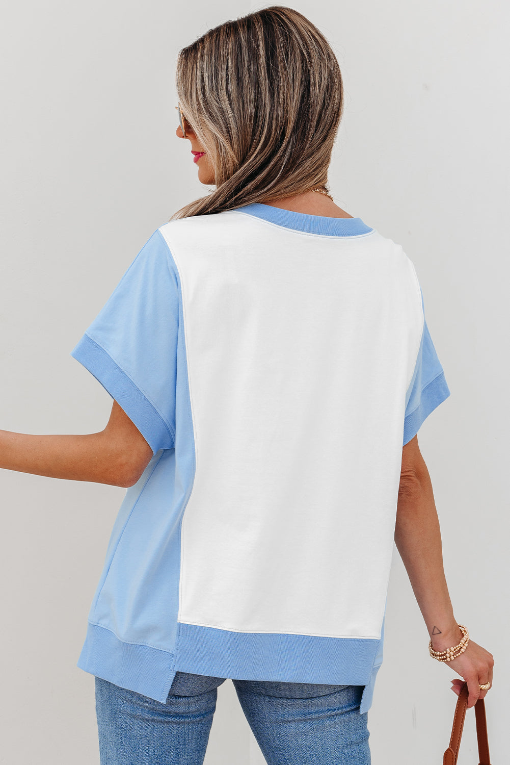 Sky Blue Color Block Exposed Seam Crew Neck T Shirt