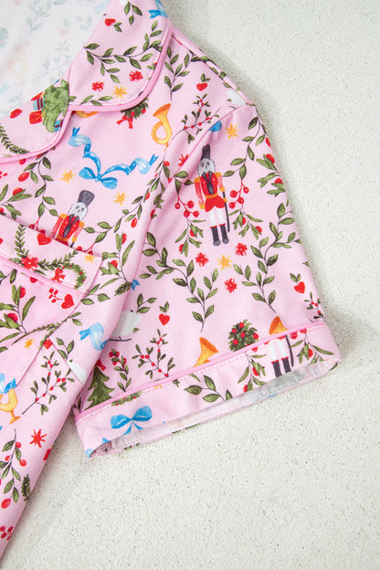 Pink Nutcracker Doll Christmas Print Ribbon Tie Waist Short 2pcs Pajama Set
