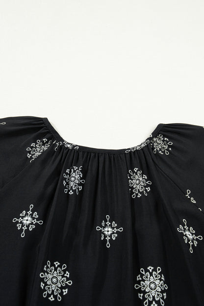 Black Boho Chic Notched V Neck Plus Floral Short Sleeve Top