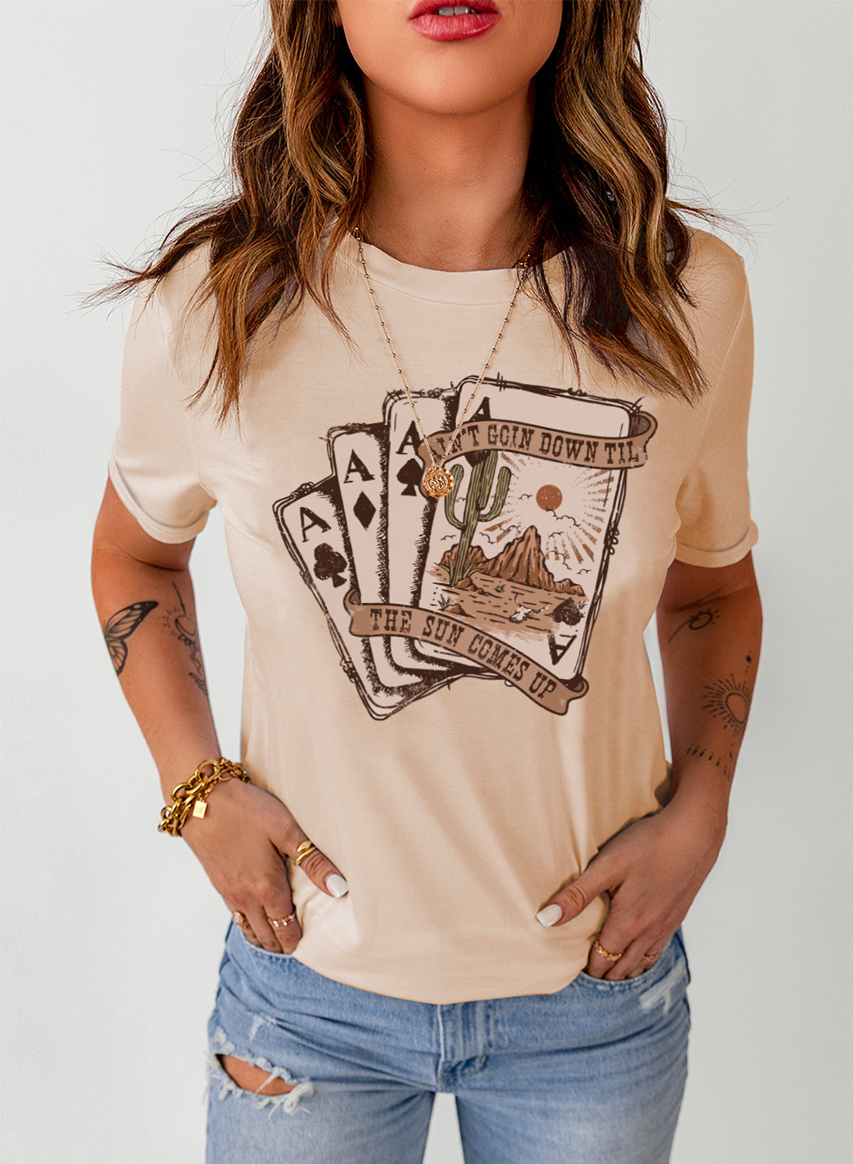 Khaki Western Poker Cards Graphic T Shirt