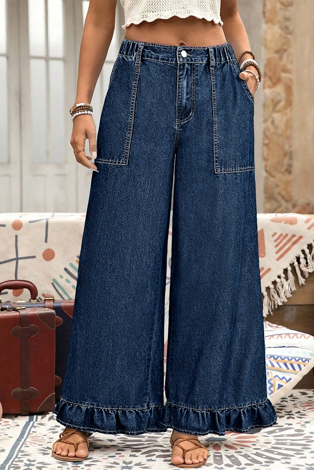 Sail Blue Plus Size Elastic Waist Ruffled Wide Leg Denim Pants