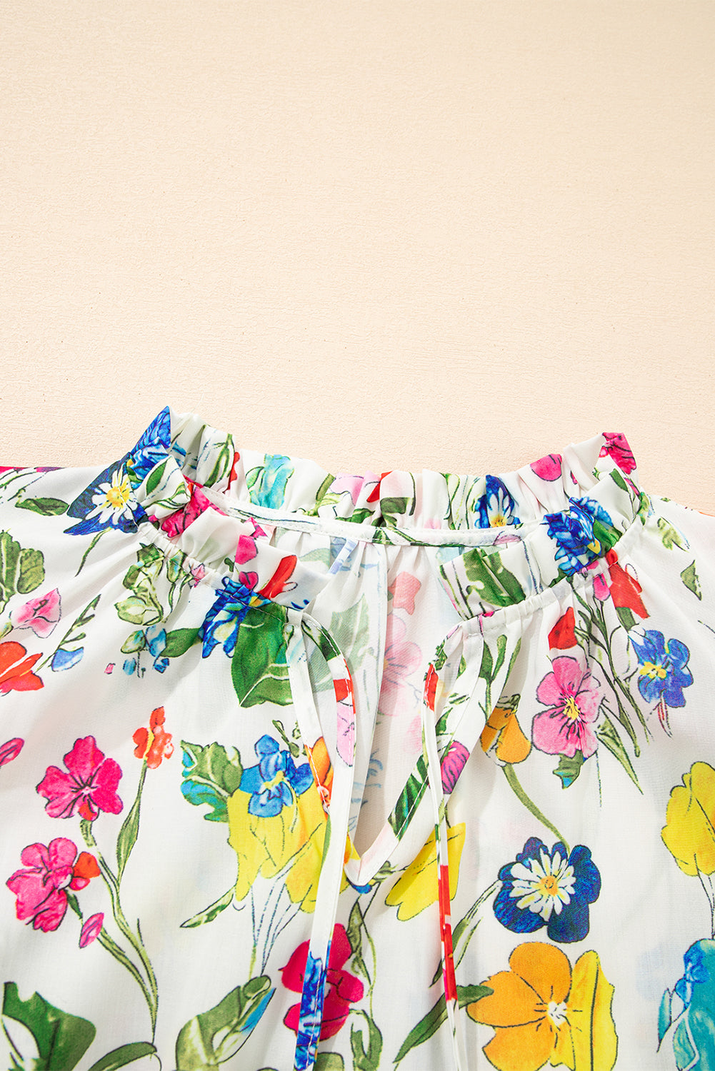 White Floral Print Ruffle Tiered Sleeve Split V Neck Blouse