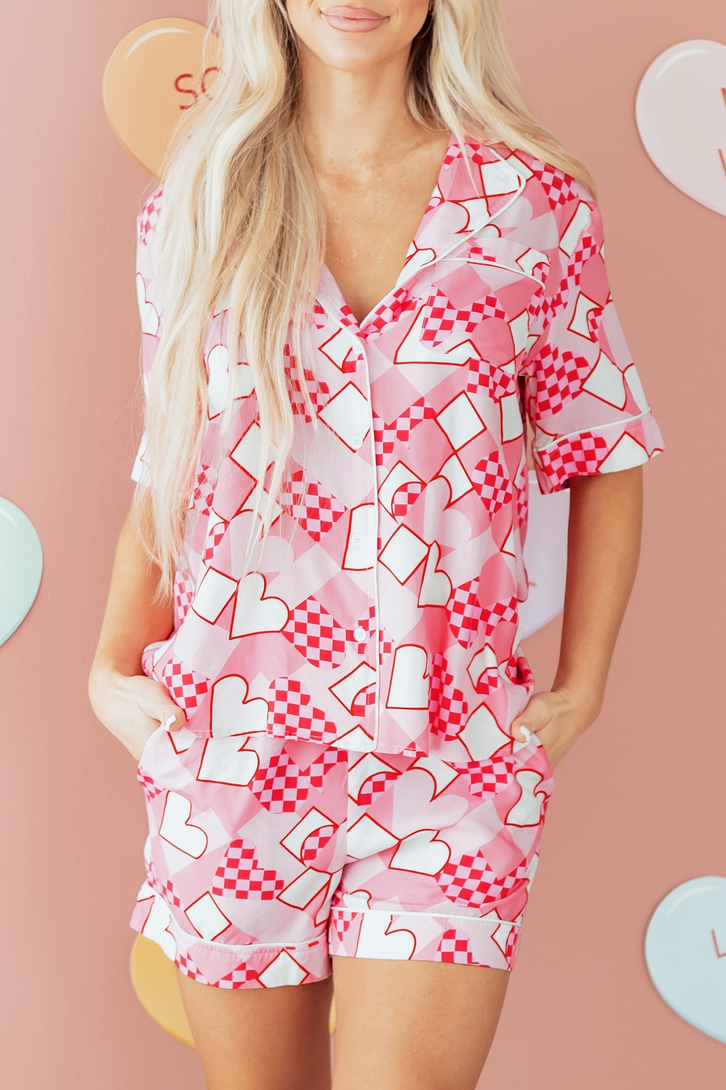 Pink Heart Print Shirt Style Silky Short Pajama Set