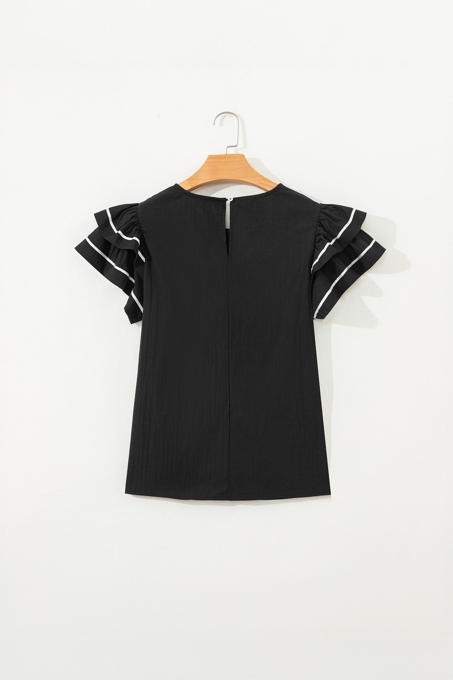 Black Contrast Trim Dual Ruffle Short Sleeve Textured Blouse