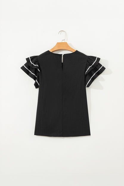 Black Contrast Trim Dual Ruffle Short Sleeve Textured Blouse