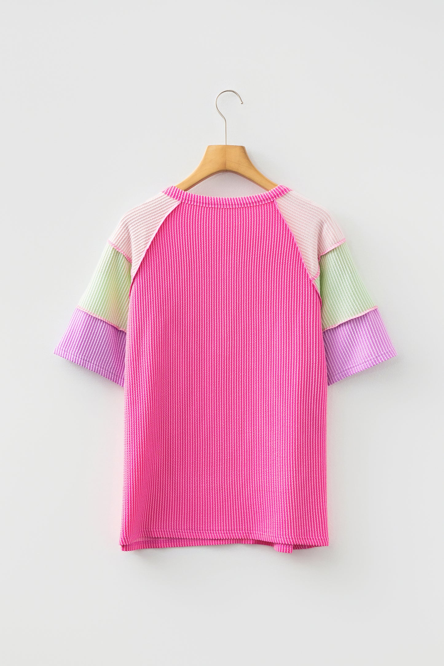 Bright Pink Twisted Ribbed Color Block Patchwork Henley Short Sleeve T Shirt
