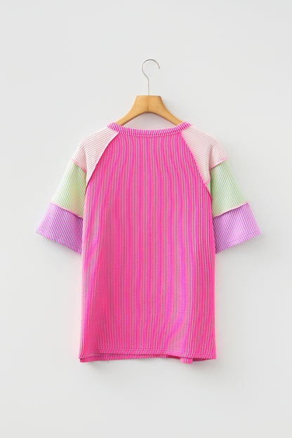 Bright Pink Twisted Ribbed Color Block Patchwork Henley Short Sleeve T Shirt