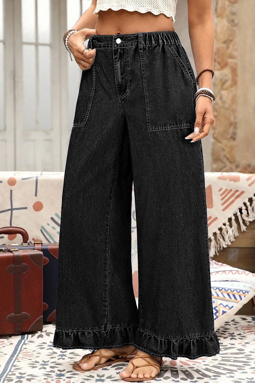 Beau Blue Plus Size Elastic Waist Ruffled Wide Leg Denim Pants