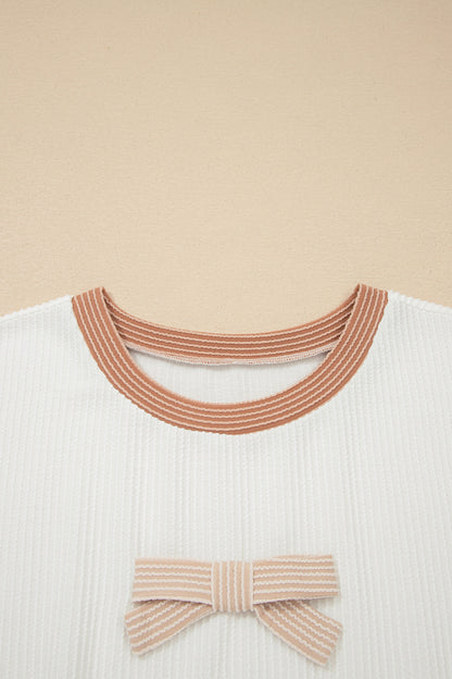 Apricot Bowknot Applique Plus Size Ribbed Top