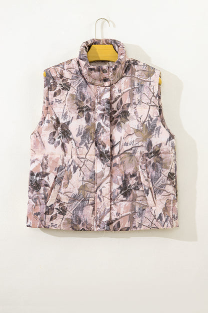 Brown Camo Leaf Print Winter Puffer Vest