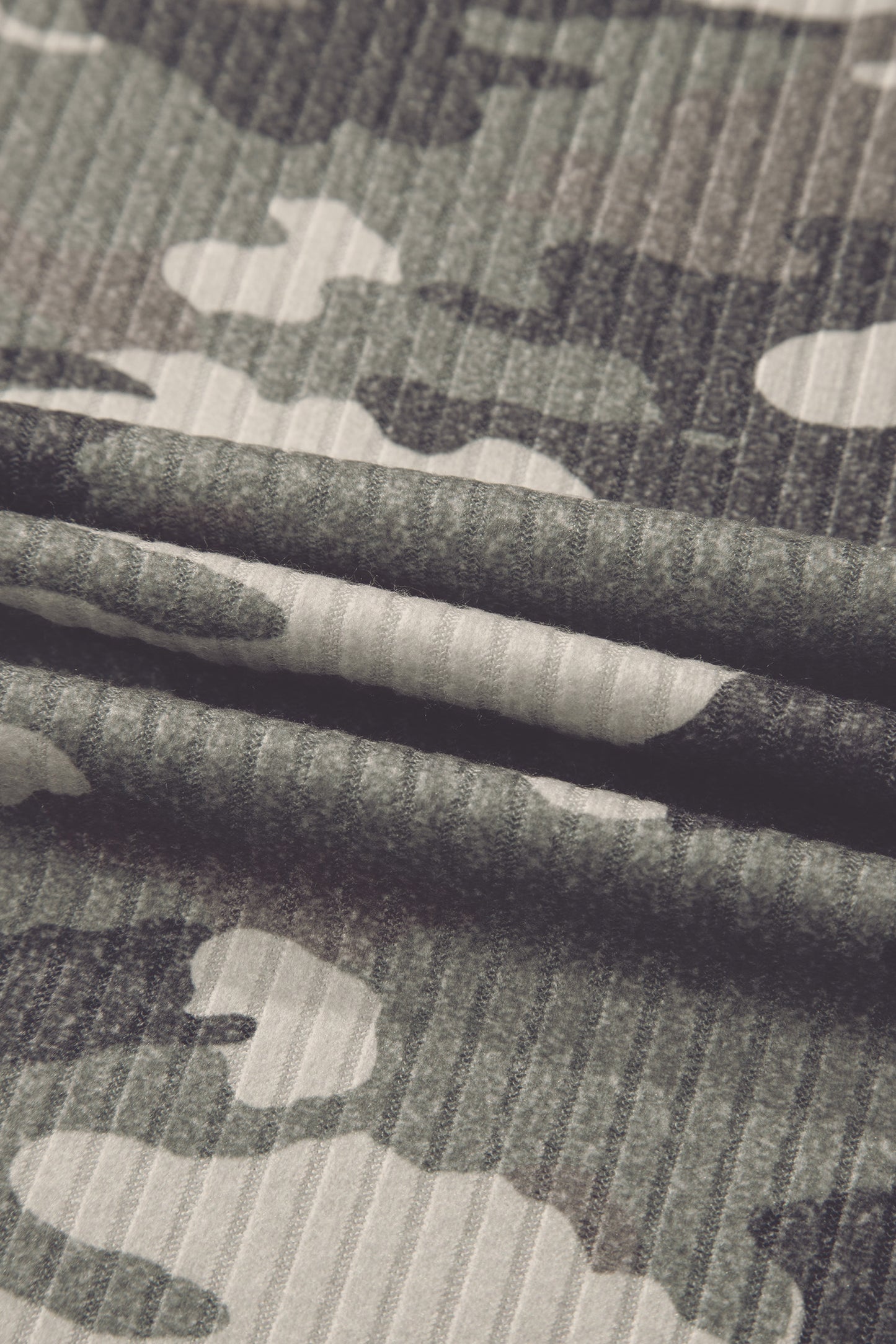 Gray Camouflage Print Ribbed Knit Round Neck Tank Top