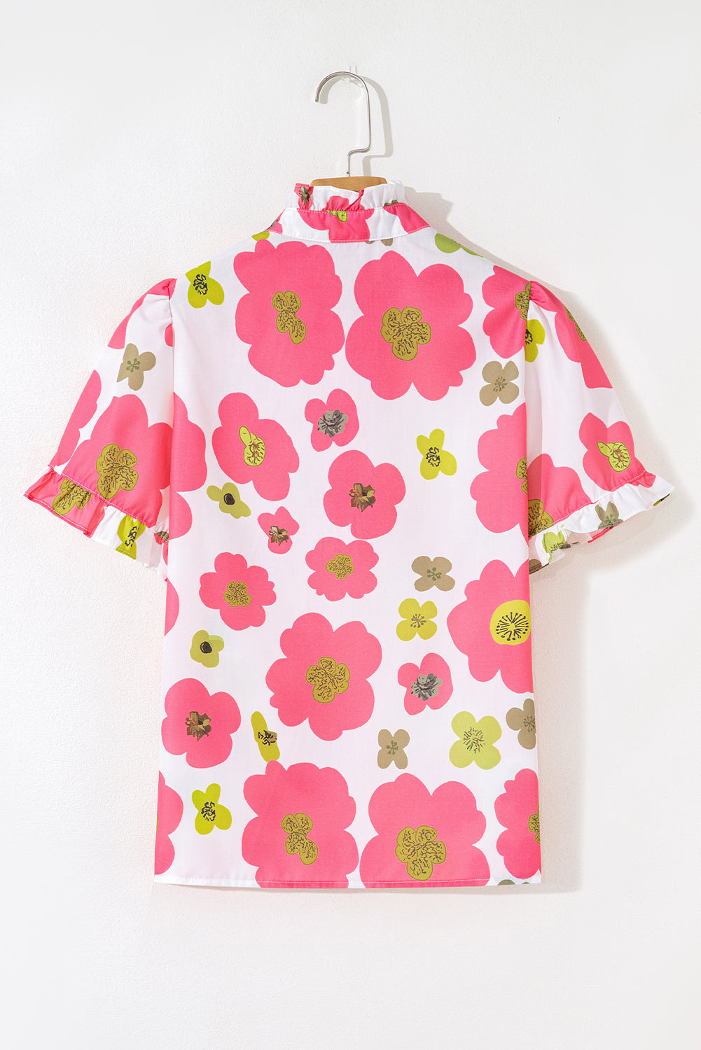 Pink Floral Ruffle Short Sleeve Striped Buttoned Collar Blouse