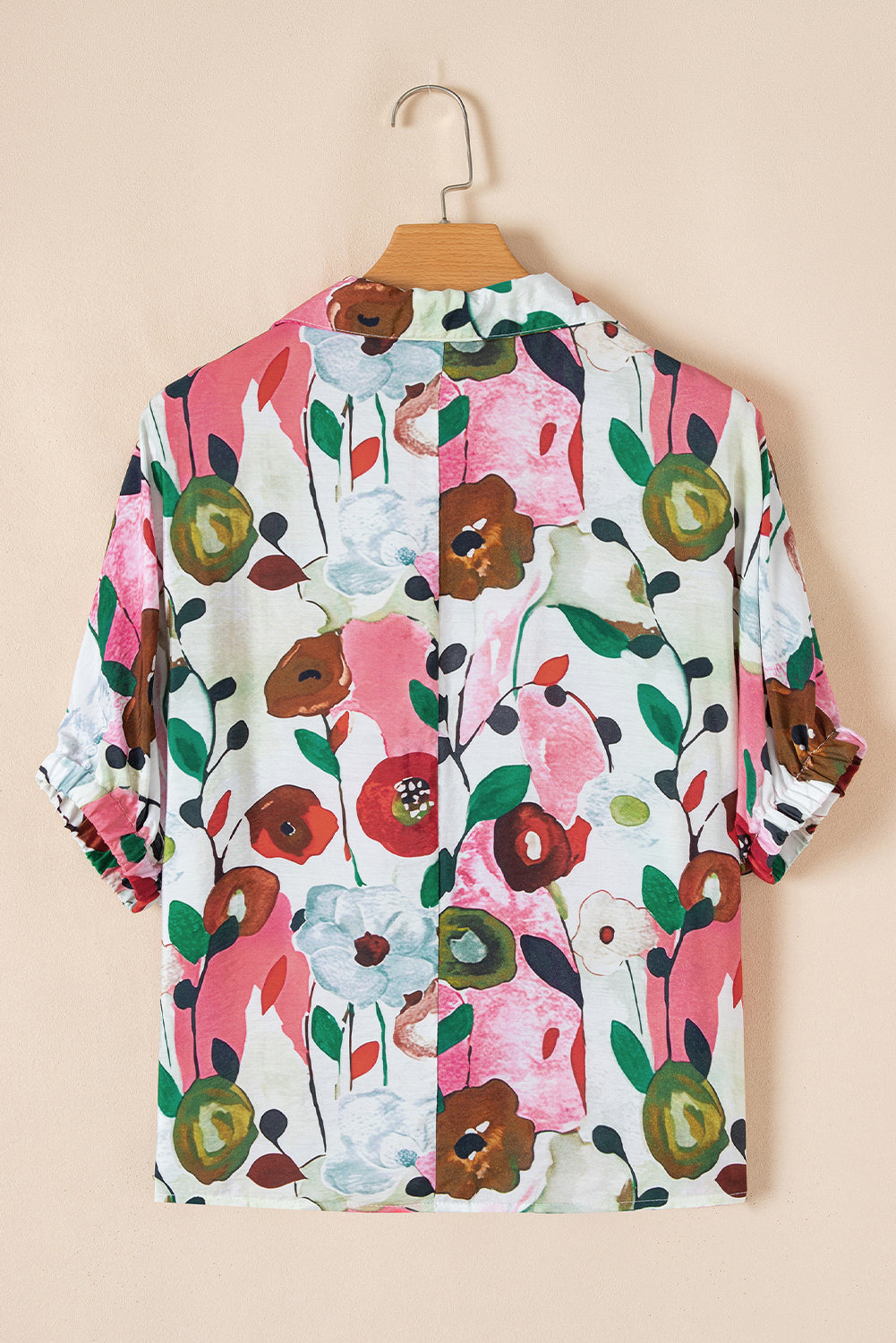 Pink Floral Print Slit V Neck Short Sleeve Blouse