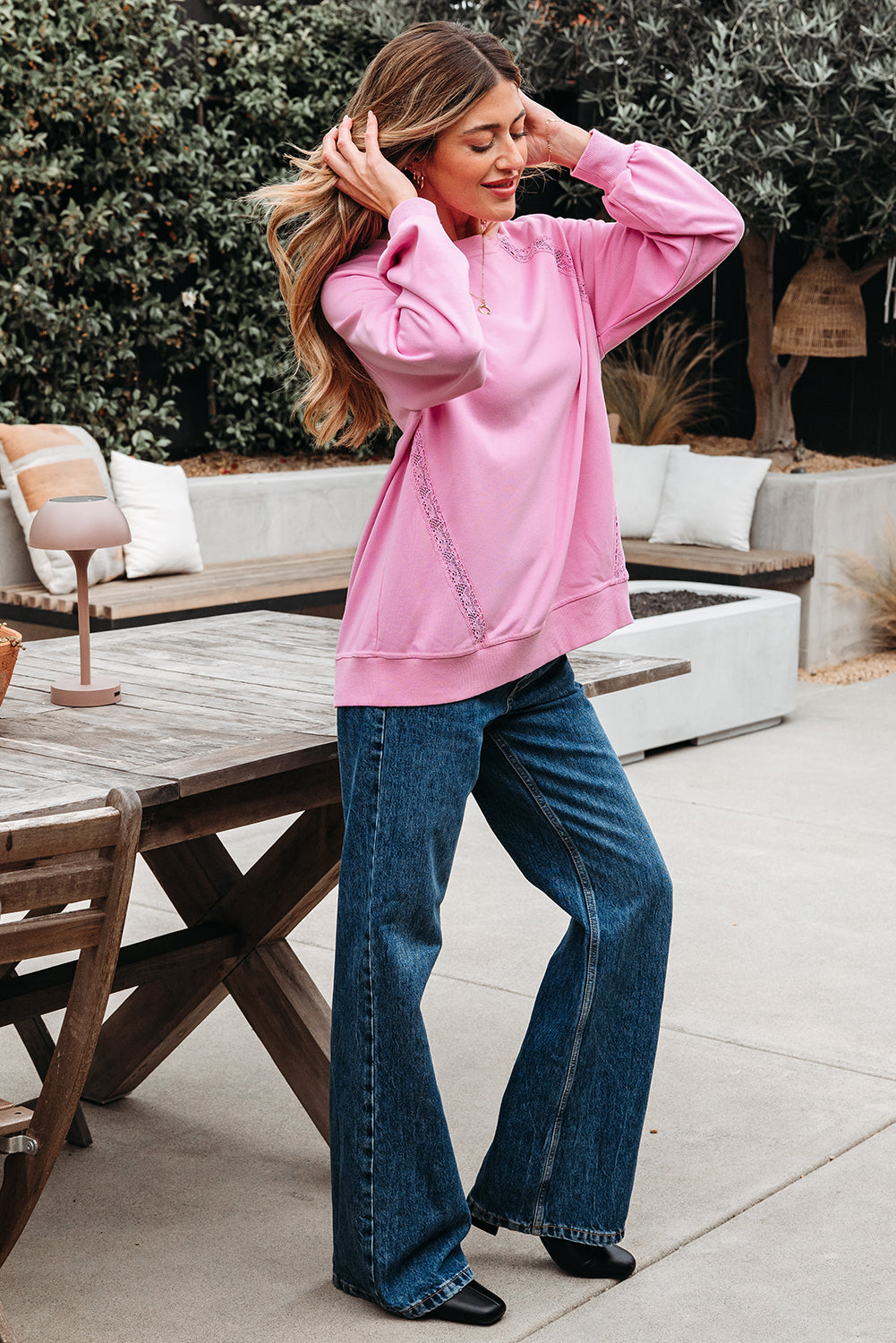 Bright Pink Lace Patched Raglan Sleeve Loose Fit Sweatshirt