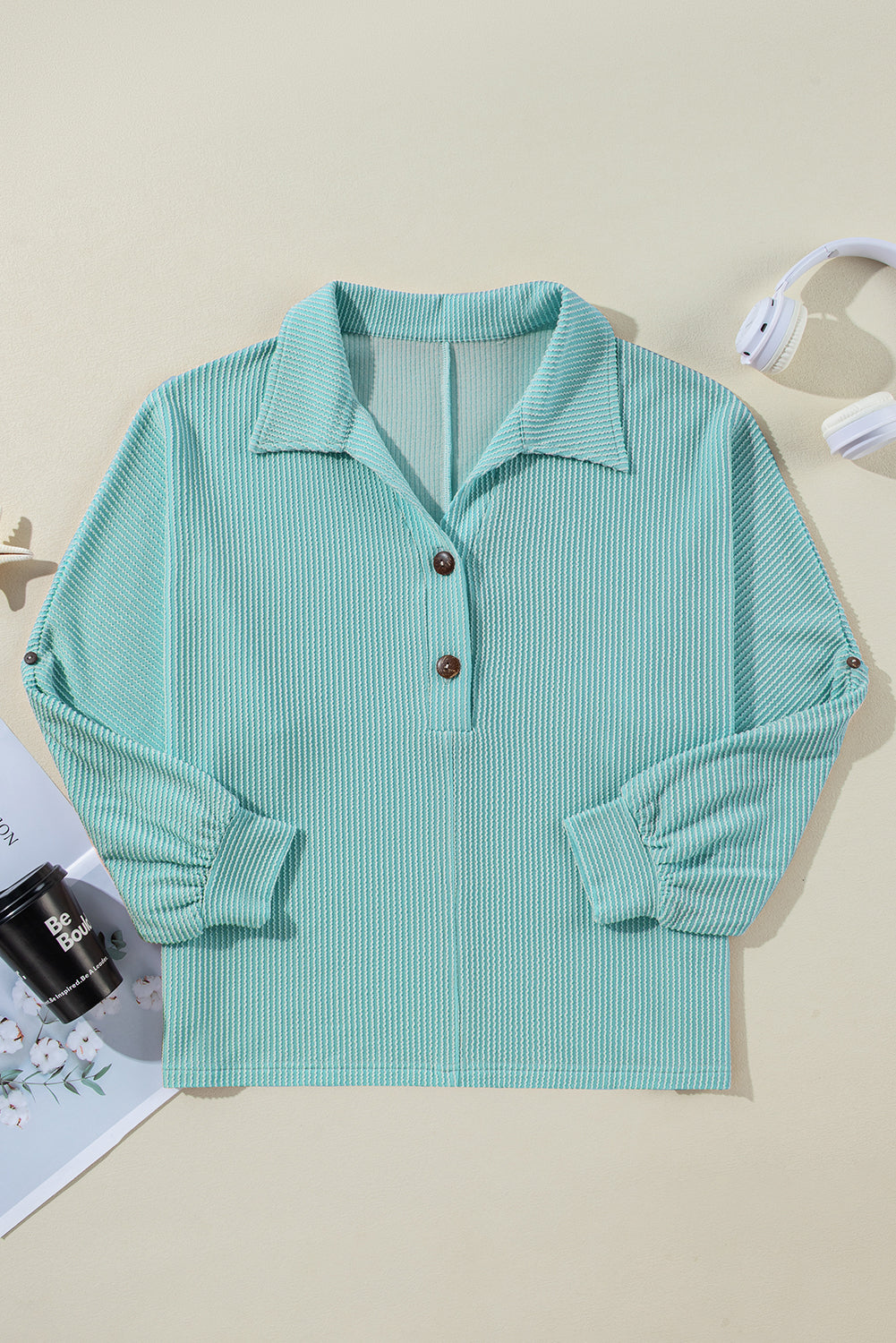 Light Blue Oversized Twist Ribbed Collared Henley Top with Roll up Sleeve