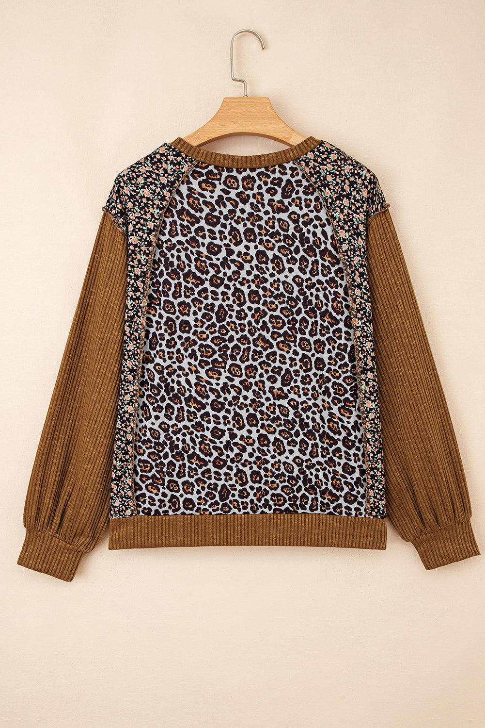Brown Leopard Floral Print Ribbed Puff Sleeve Patchwork Loose Pullover