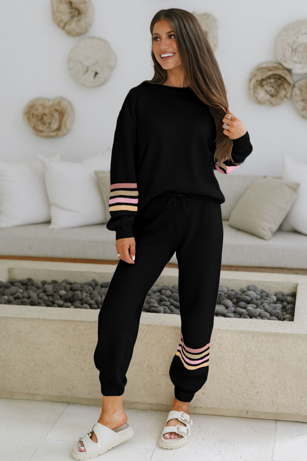 Black Striped Drop Shoulder Round Neck Pullover and Jogger Pants Active Outfit