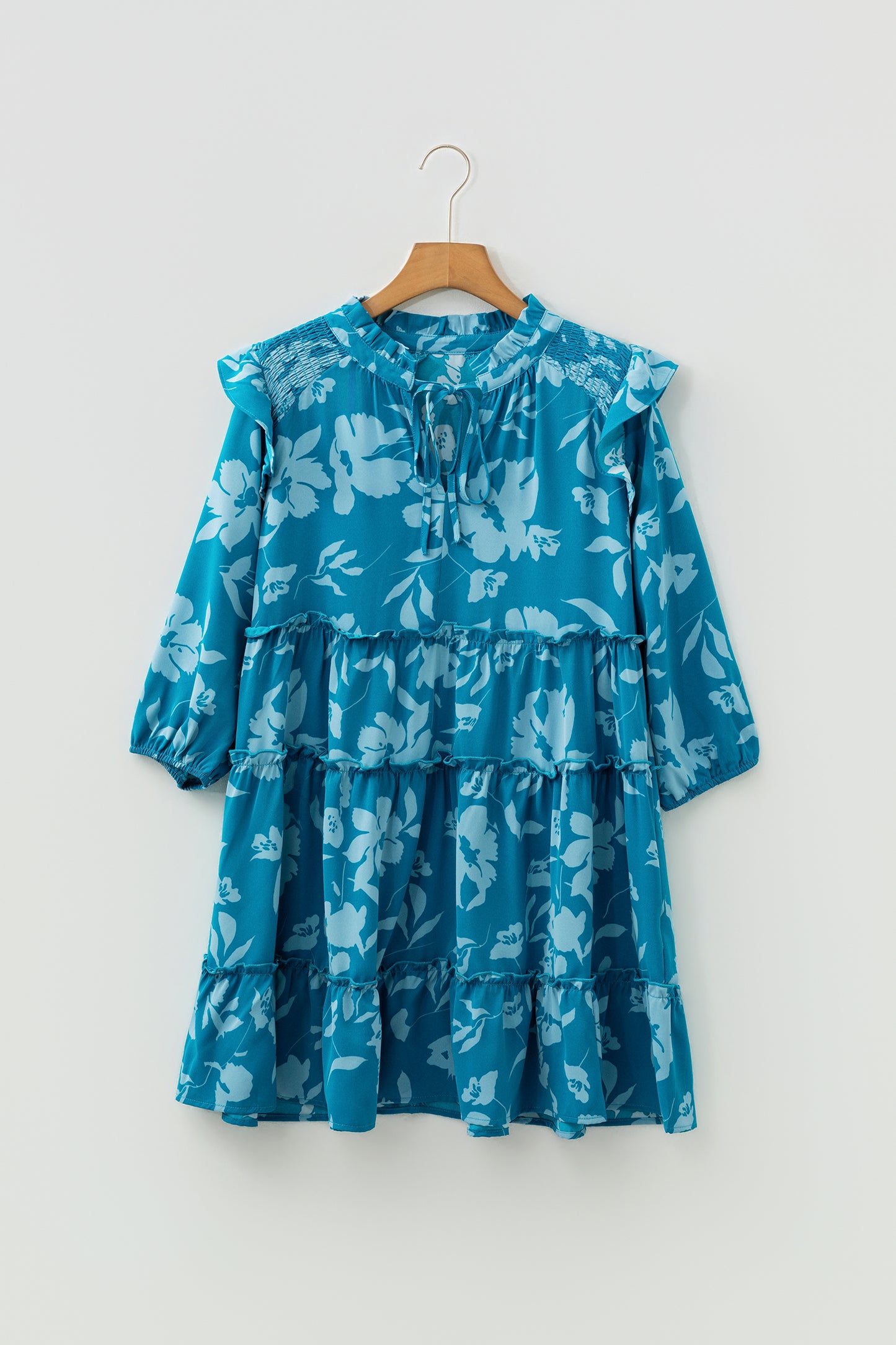 Blue Flower Half Sleeve Tiered Ruffled Mini Dress