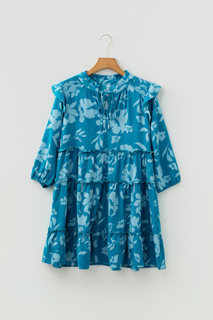Blue Flower Half Sleeve Tiered Ruffled Mini Dress