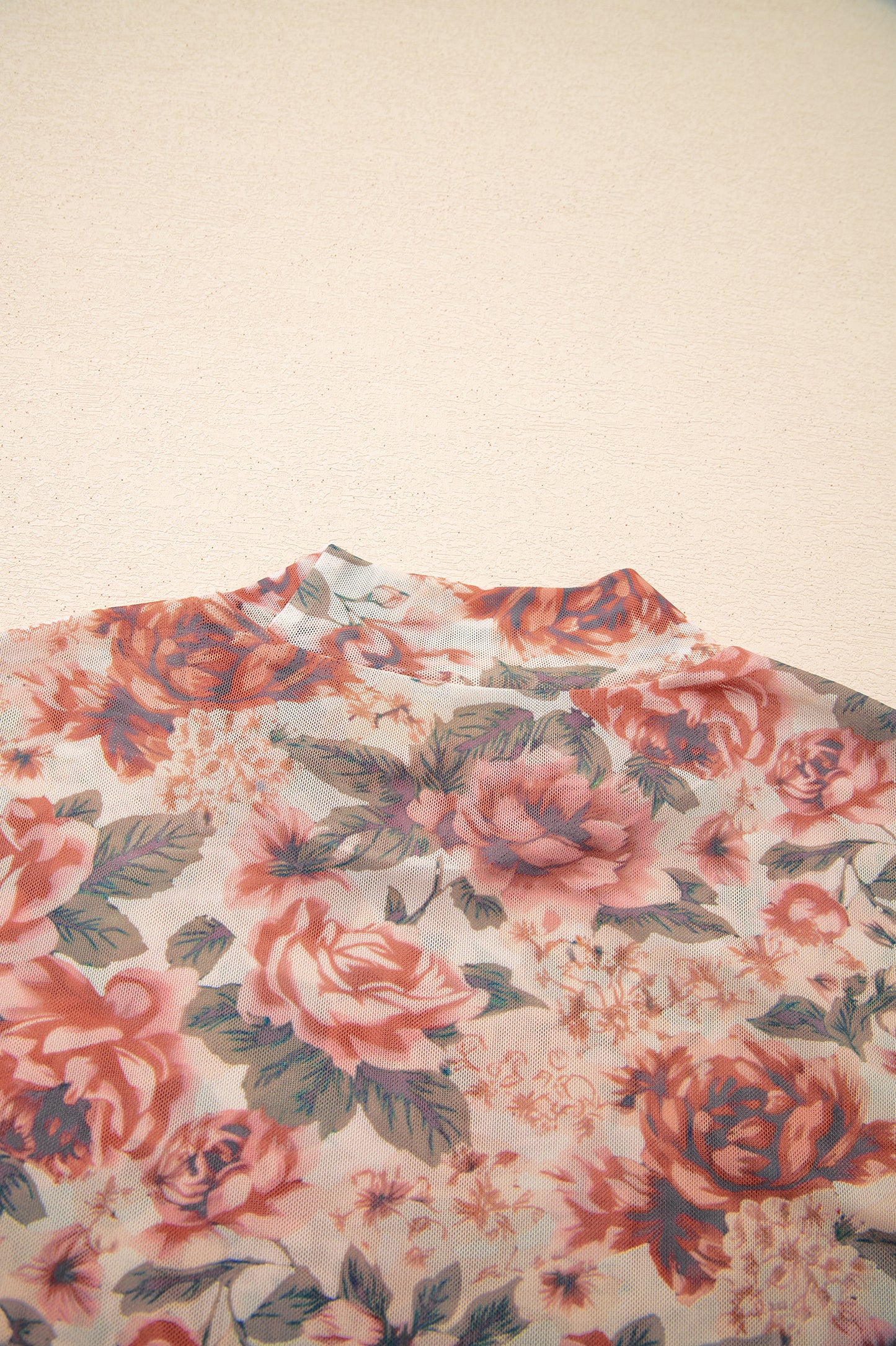 Black Retro Floral Print Mock Neck Mesh Long Sleeve Top