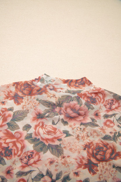 Black Retro Floral Print Mock Neck Mesh Long Sleeve Top