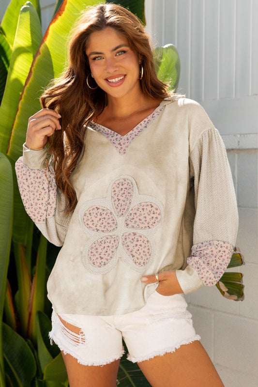 Beige Floral Patched Waffle Textured Colorblock V Neck Casual Hooded Top