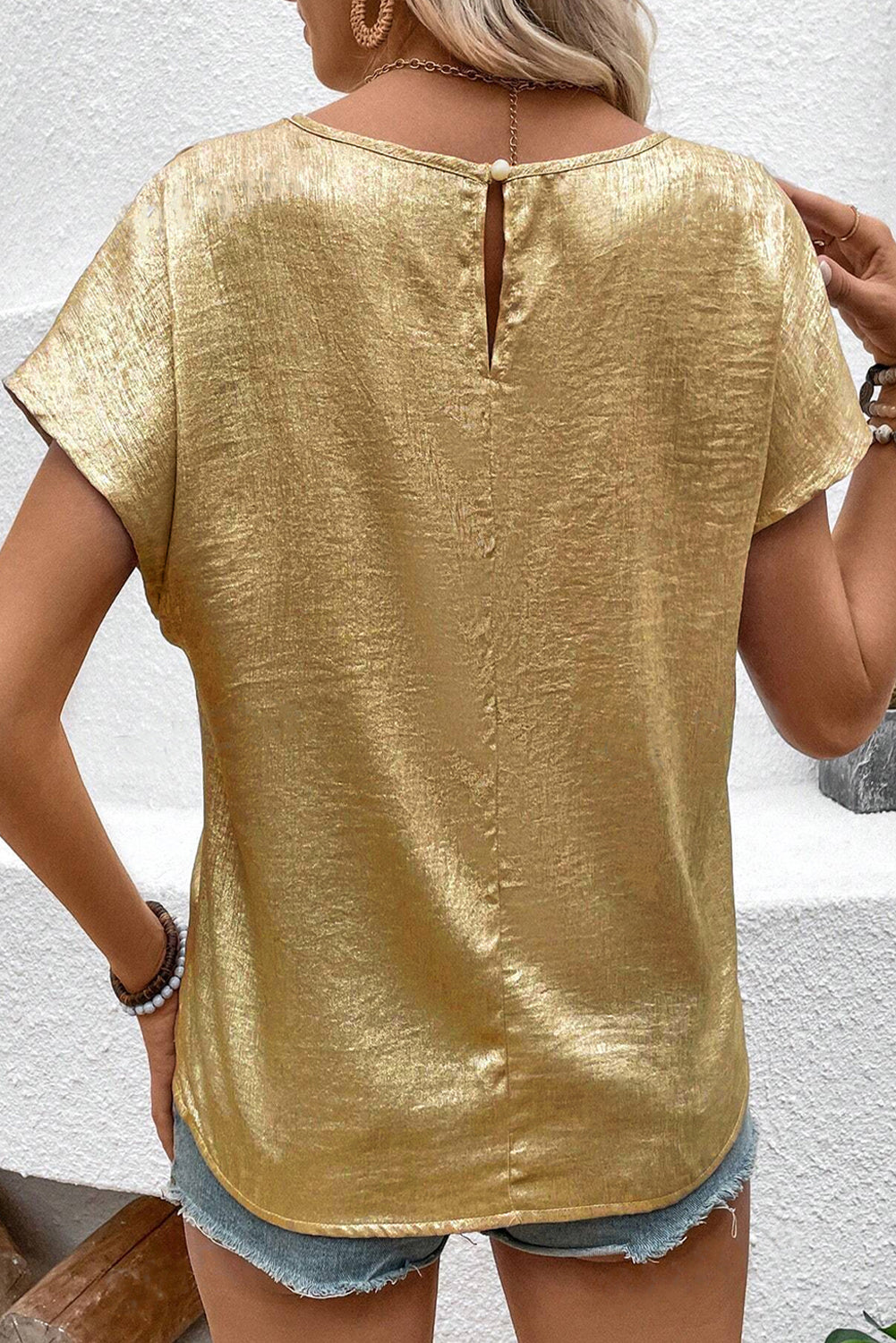 Gold Glossy Round Neck Pleated Detail Short Sleeve Blouse