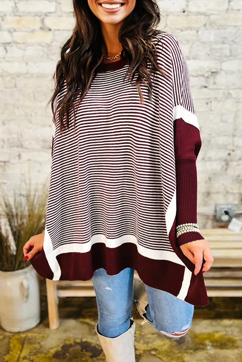 Red Stripe Color Block Patchwork Dolman Oversize Tunic Sweater