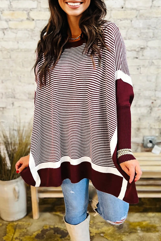 Red Stripe Color Block Patchwork Dolman Oversize Tunic Sweater