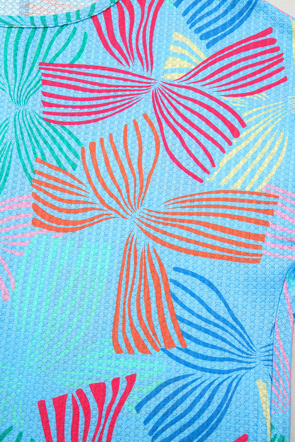 Sky Blue Bowknot Printed Waffle Crewneck Loose Short Sleeve Top