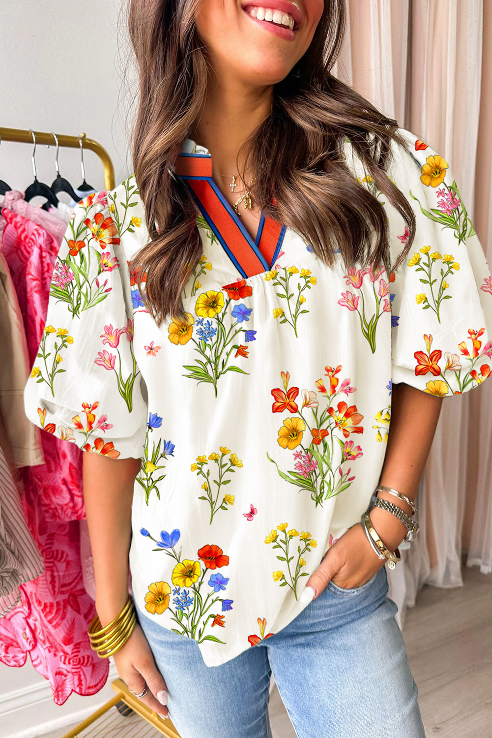 White Floral Short Puff Sleeve Contrast V Neck Print Blouse