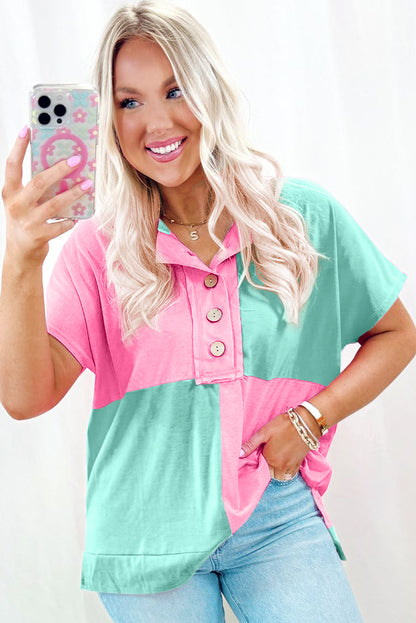 Pink Two Tone Half Buttons Collared T Shirt