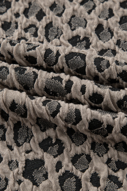 Khaki Jacquard Leopard Half Sleeve Jumper Wide Leg Pant Set