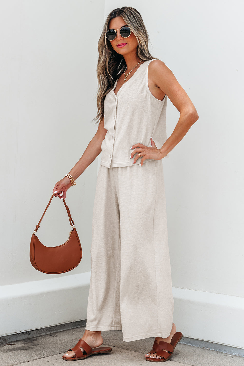 Apricot Buttoned V Neck Tank Top and Wide Leg Pants Casual Outfit