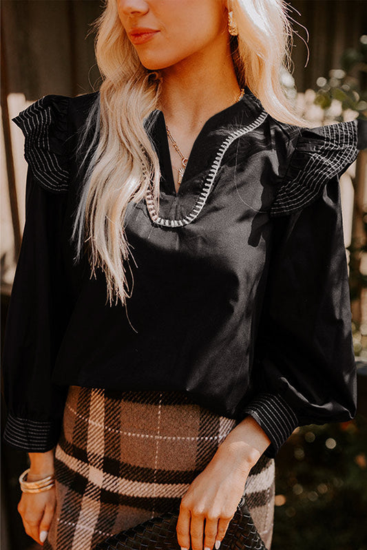 Black Contrast Stitched Detail V Neck Ruffle Long Sleeve Blouse
