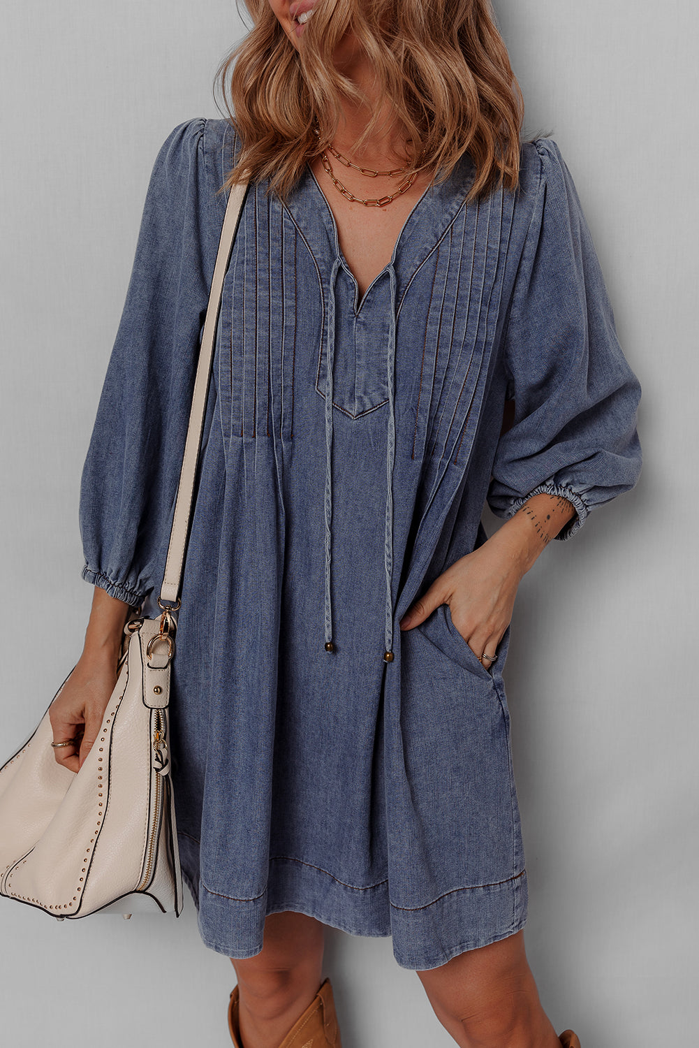 Sail Blue 3/4 Sleeve Tied V Neck Pleated Denim Mini Dress