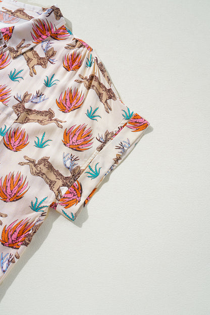 Khaki Plus Size Western Pattern Print Buttoned Short Sleeve Shirt