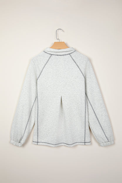 Light Grey Half Zip Stand Neck Seam Detail Long Sleeve Top