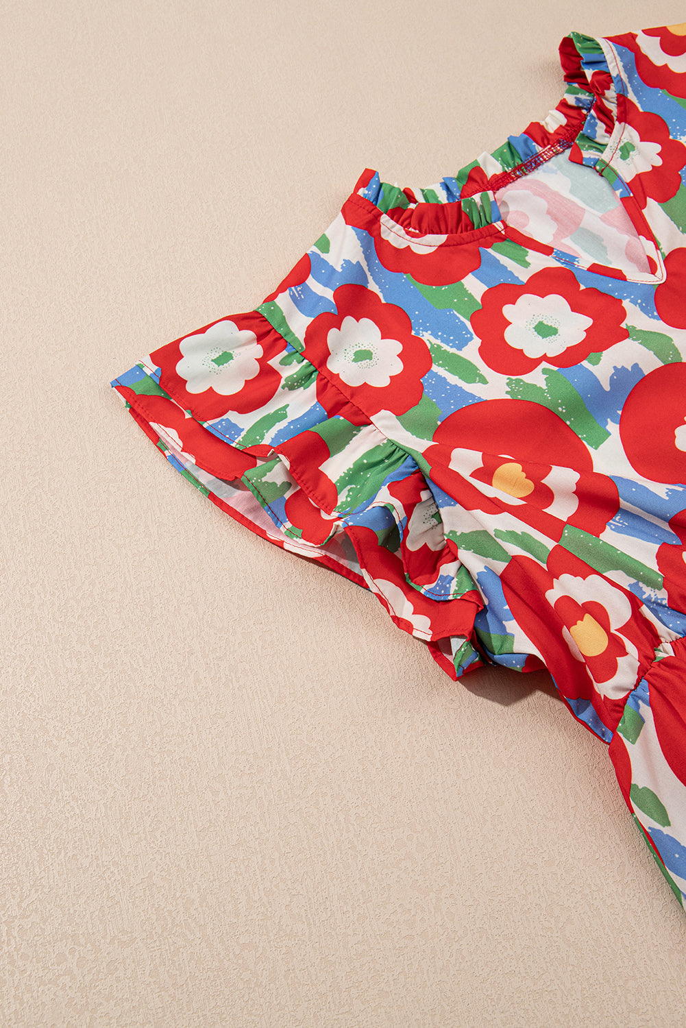 Red Plus Size Floral Print Ruffle Trim Split Neck Peplum Top