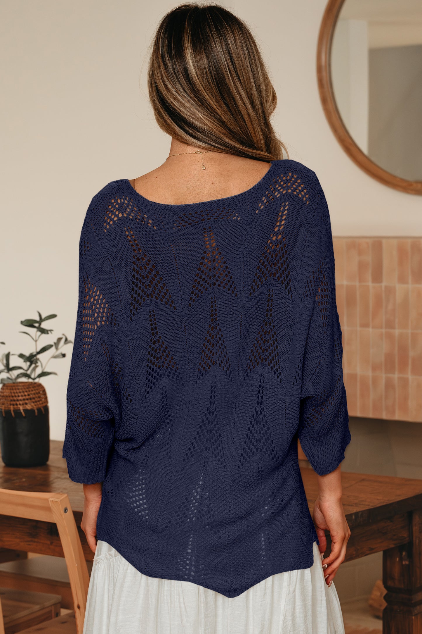 Seagrass Hollow Out Knit 7/8 Sleeve Casual Sweater